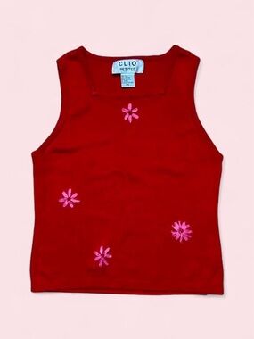 Vintage Clio Red Lizzie Mcguire Inspired Tank Top with Pink Floral Embroidery
